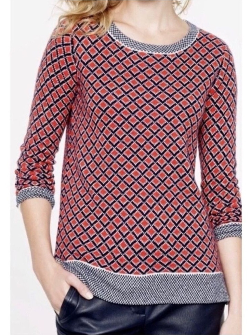 J. Crew Collection Italian Cashmere Crew Neck Sweater Blue Red Diamond Size XS